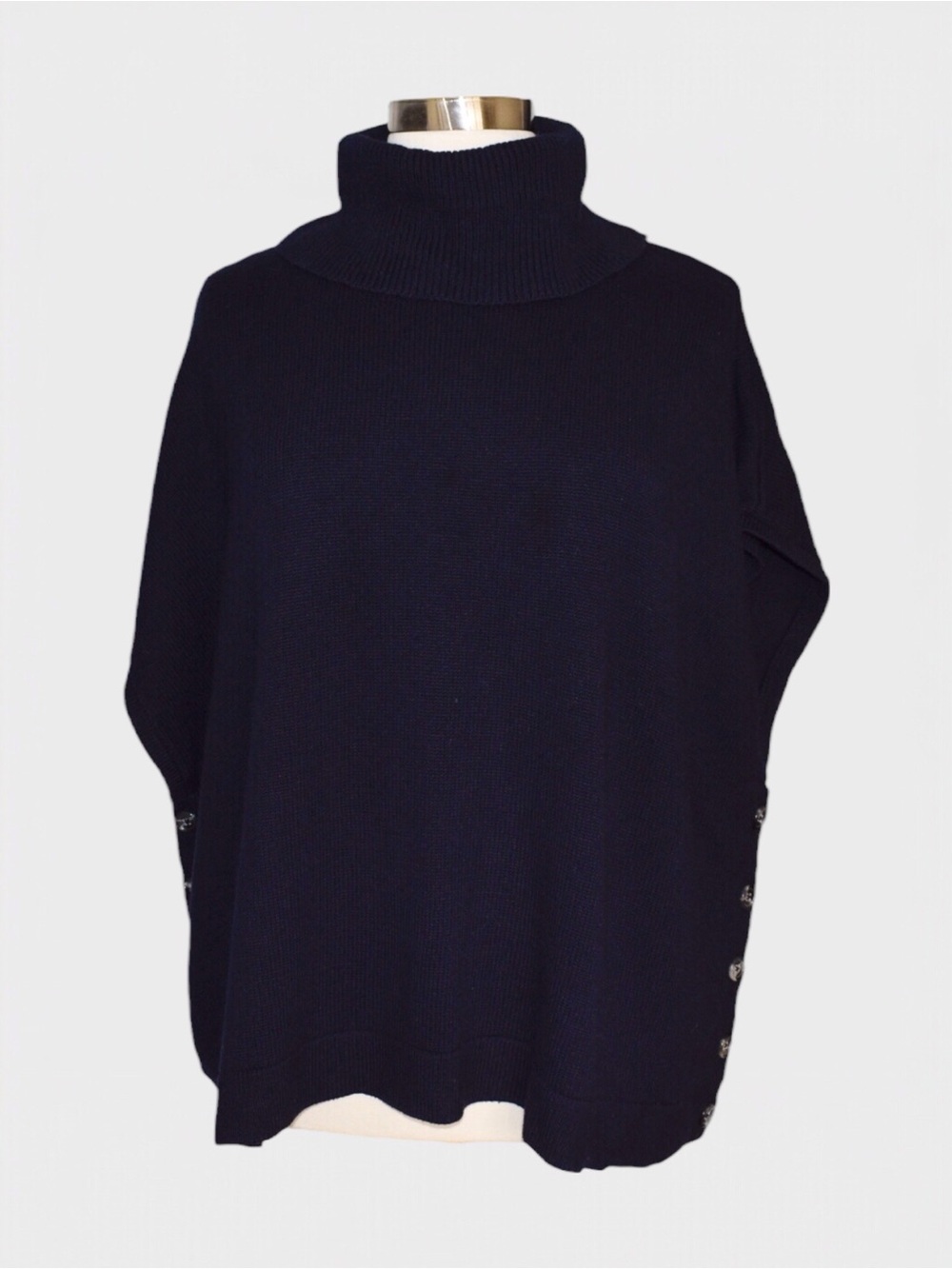 Boden Wool Cotton Blend Navy Blue Oversized Turtleneck Poncho Sweater
